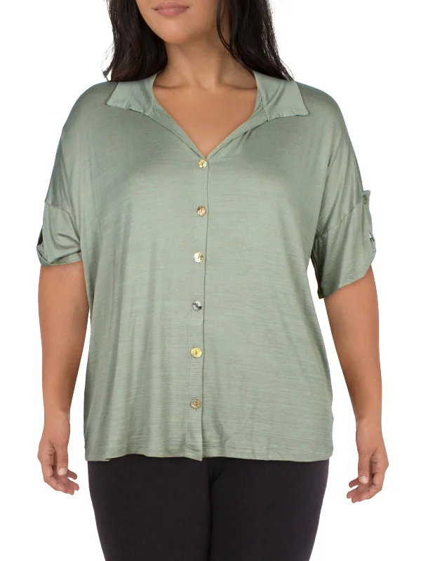 Plus Womens Collared Short Sleeve Button-Down Top