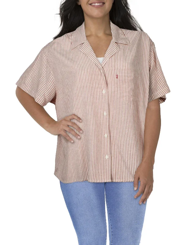 Plus Womens Collared Striped Button-Down Top