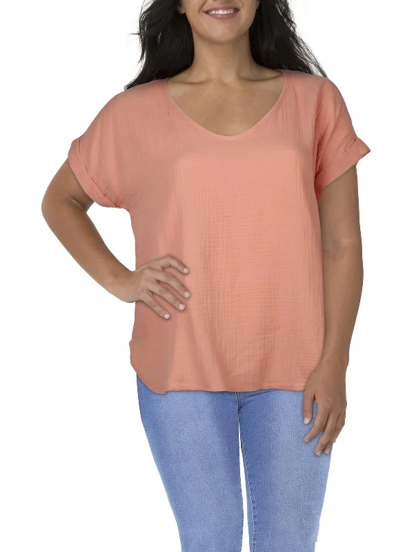 Plus Womens Gauze V-Neck T-Shirt