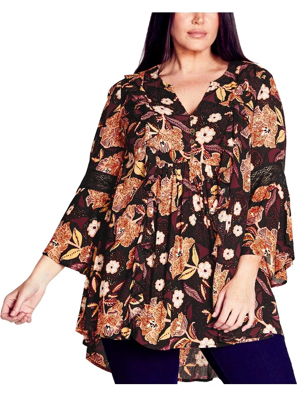 Plus   Womens Ruffle Floral Button-Down Top