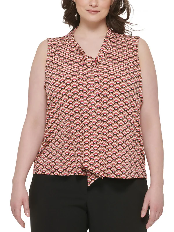 Plus Womens Tie Neckline Printed Blouse