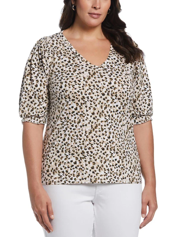 Plus Womens V Neck Animal Print Peasant Top