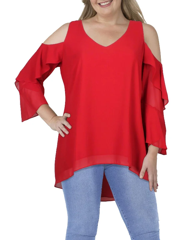 Plus Womens V-Neck Cascade Ruffle Cold Shoulder