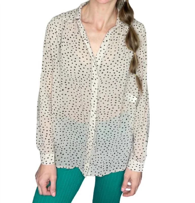 Polka Dot Collared Button Down Top In Beige