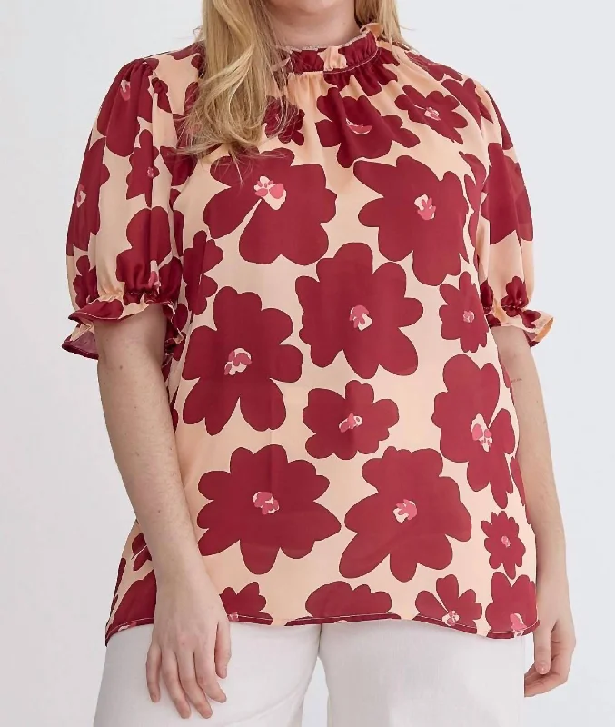 Poppin' Print Blouse In Burgundy