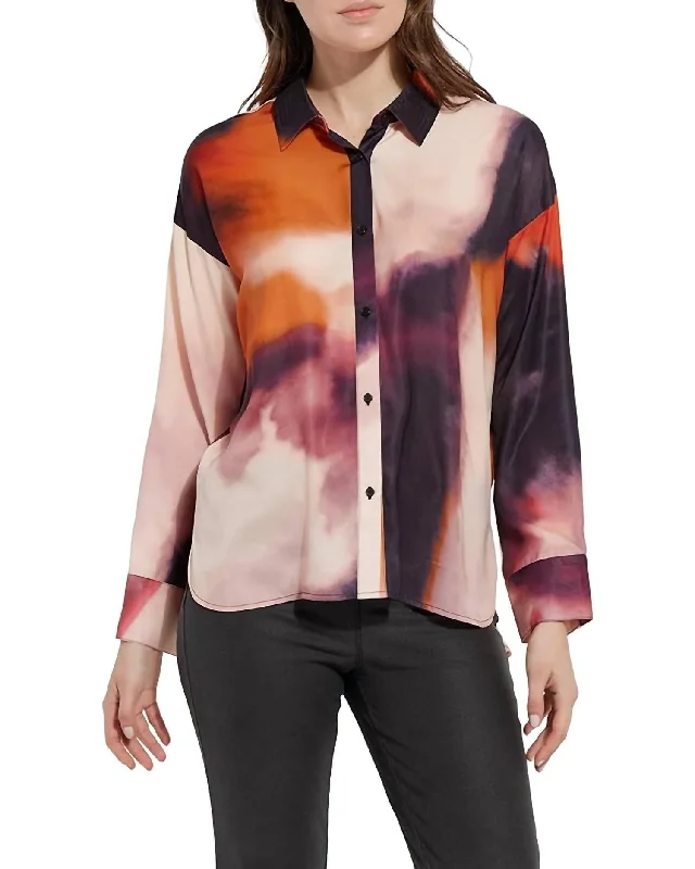 Printed Stitched Satin Watercolor Blouse In Purple Watorcolo