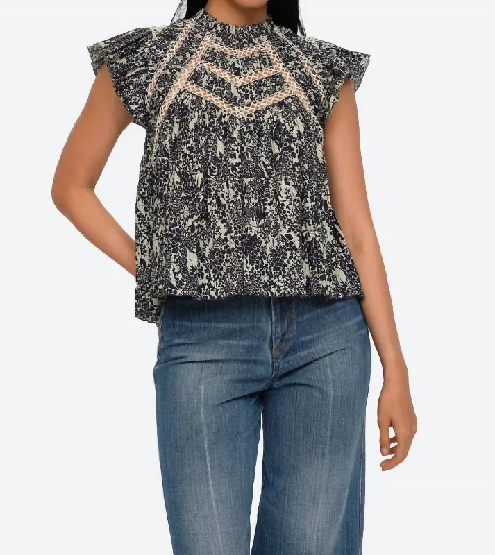 Priya Print Flutter Sleeve Top In Navy