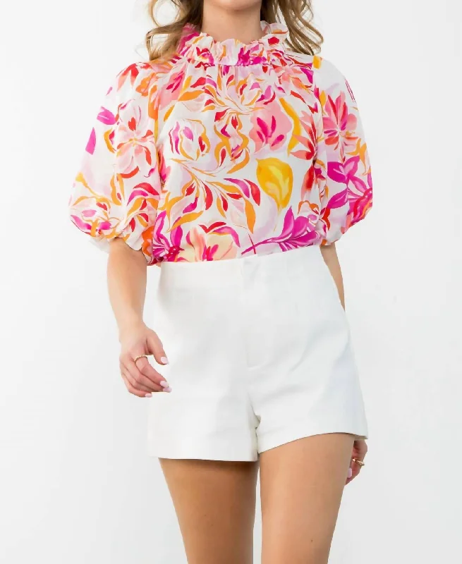 Puff Sleeve Flower Print Top In Floral Pink