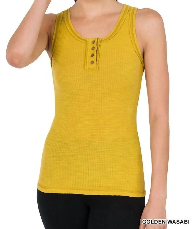 Rhea Ribbed Henley Tank In Golden Wasabi