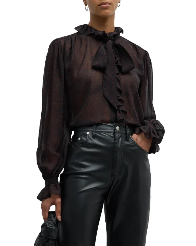 Ruffle Front Button Up Shirt In Espresso Multi