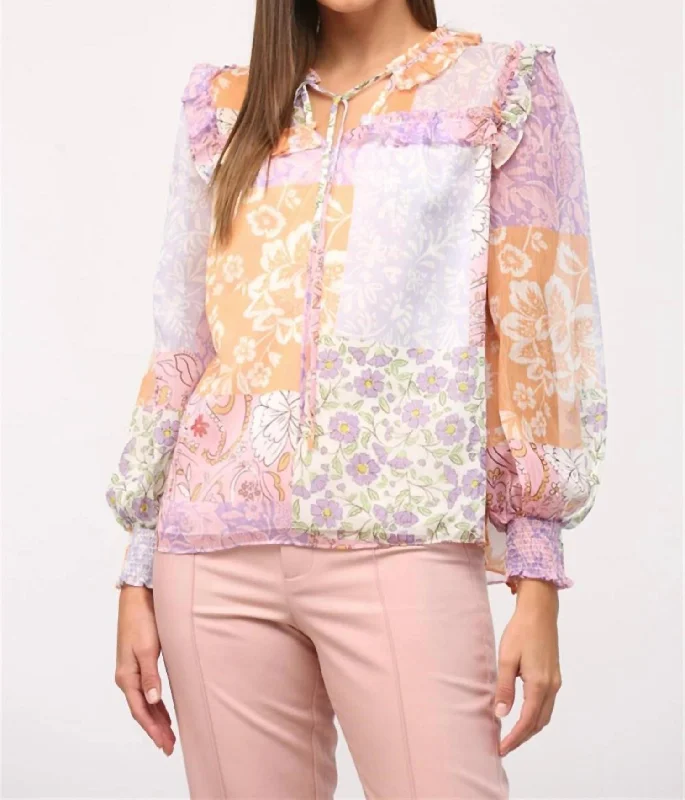 Ruffle Yoke Long Sleeve Top In Patchwork Print