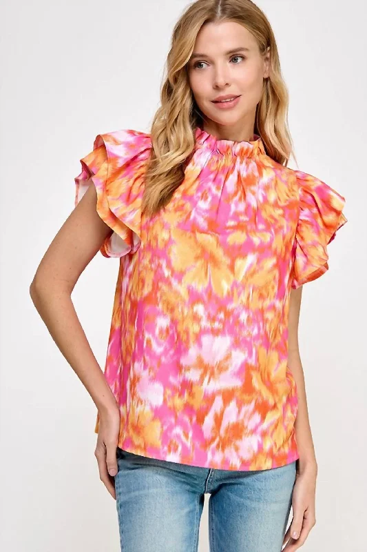 Ruffled Neckline Top In Coral