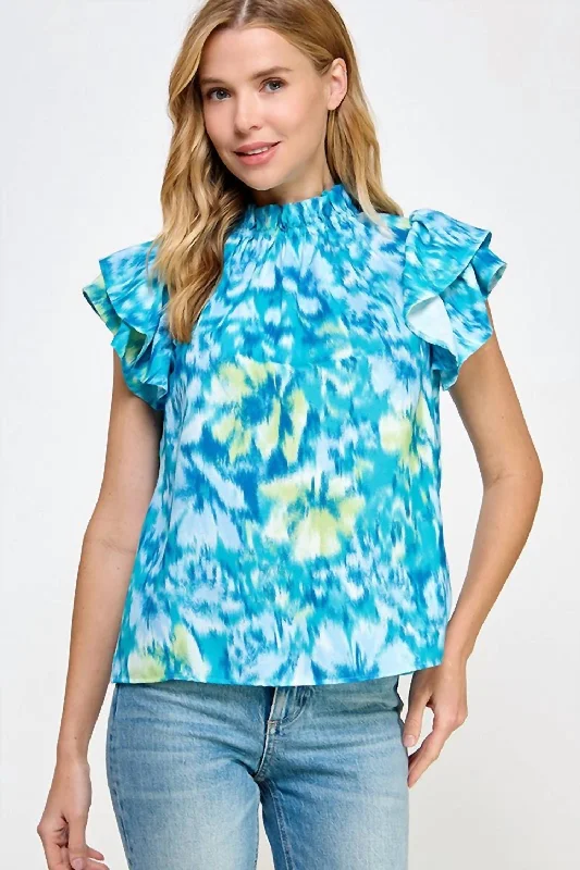 Ruffled Neckline Top In Teal