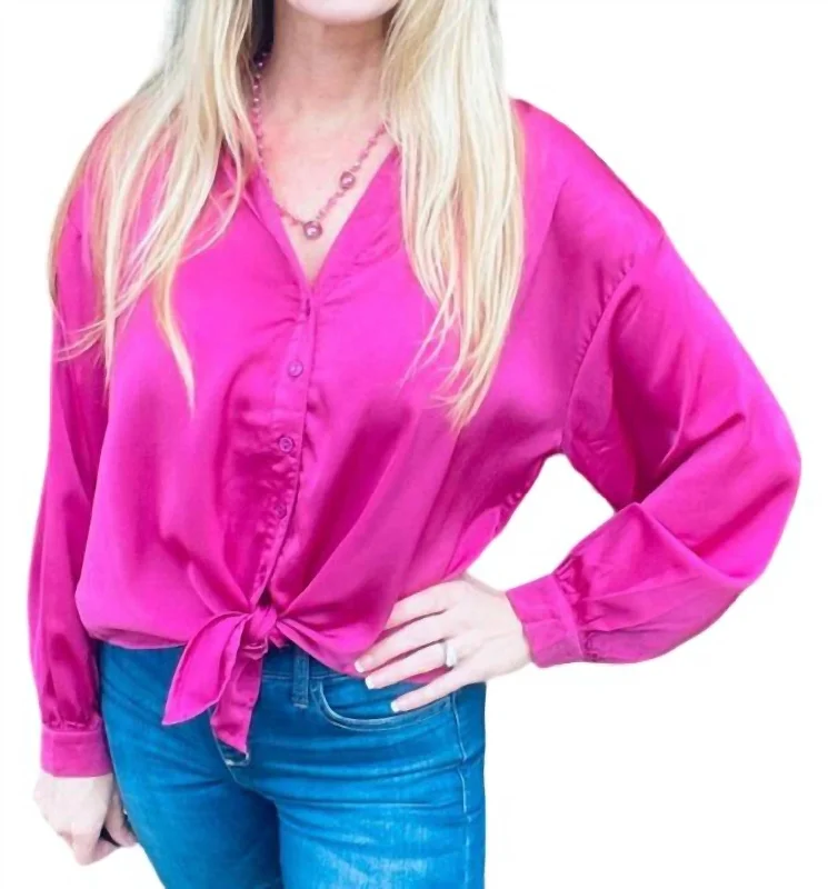 Satin Button Down Front Tie Blouse In Raspberry