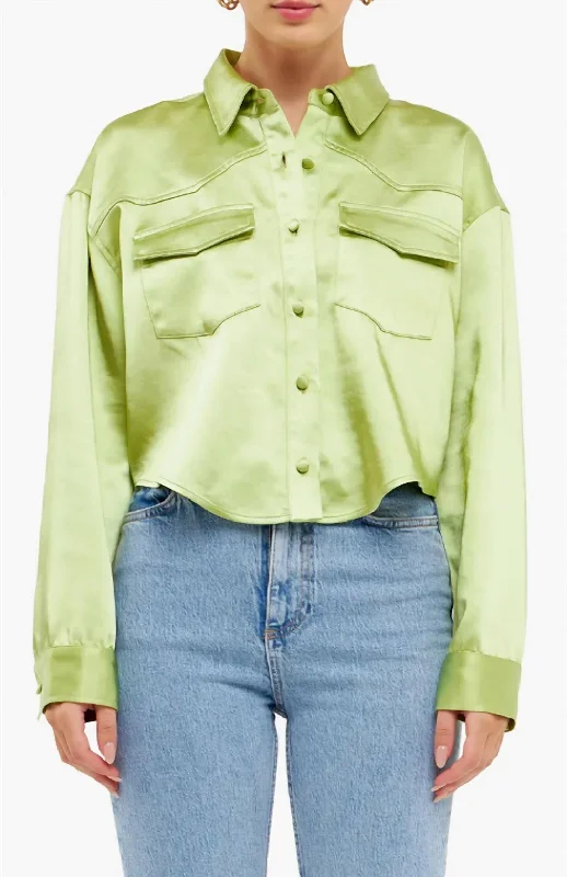 Satin Crop Button Up Top In Light Green