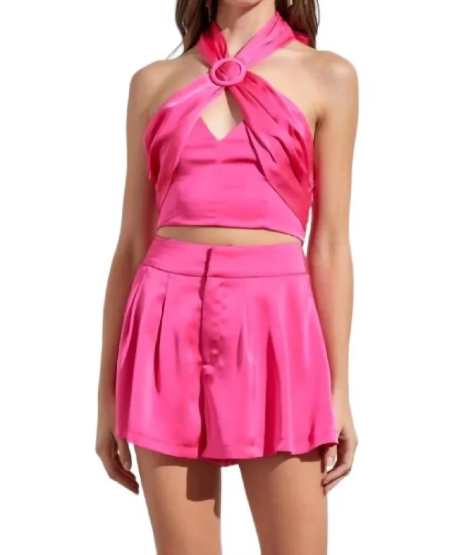 Satin Halter Top In Bright Pink