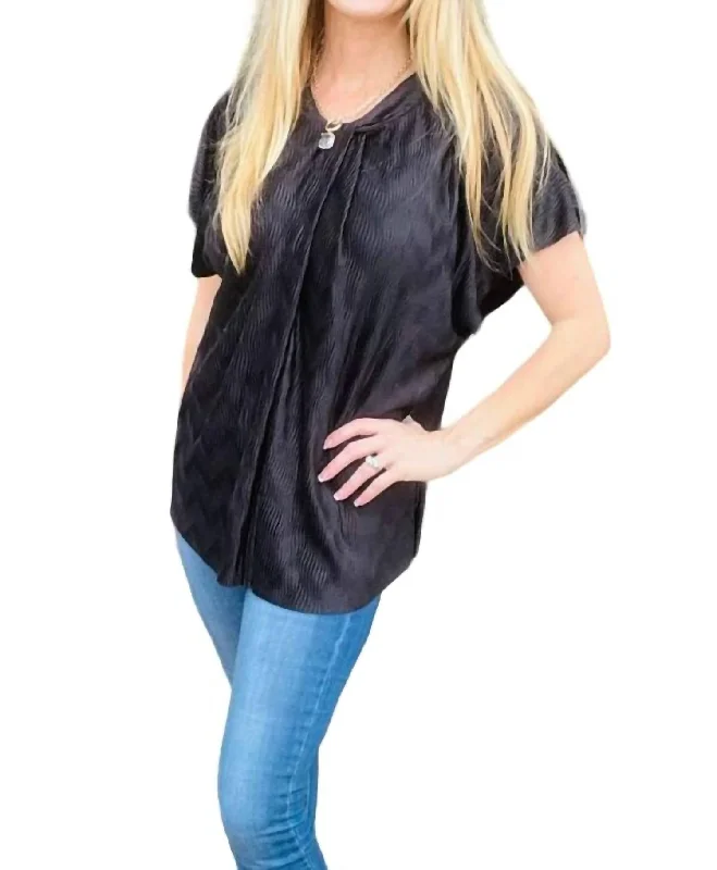 Satin Wave Texture Top With Tie Neck Detail In Black