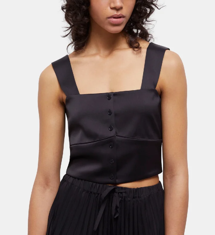 Short Black Satin Top With Buttoning