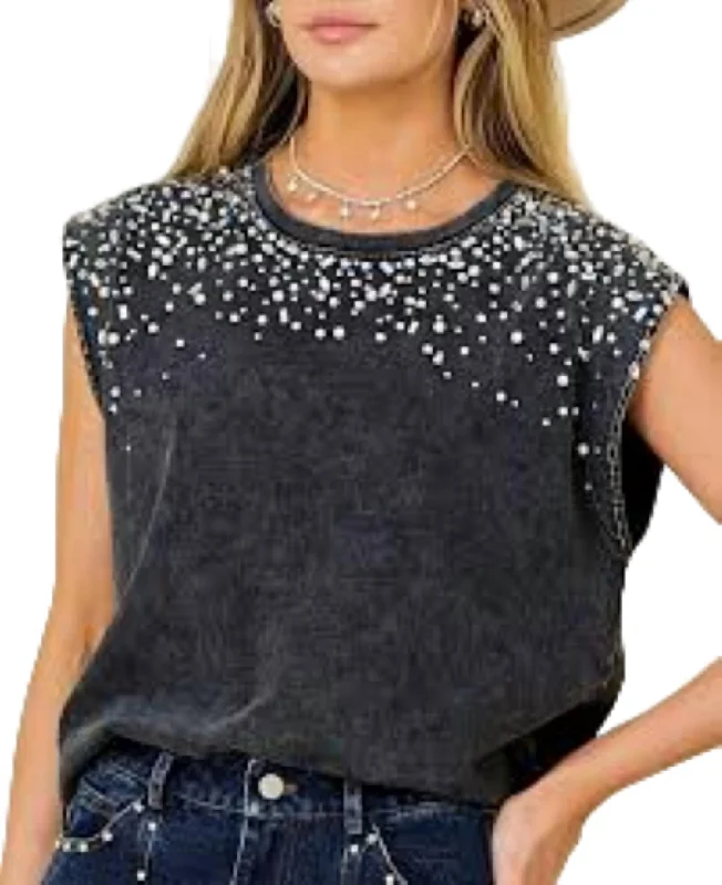 Sleeveless Embellished Top In Mineral Wash Black