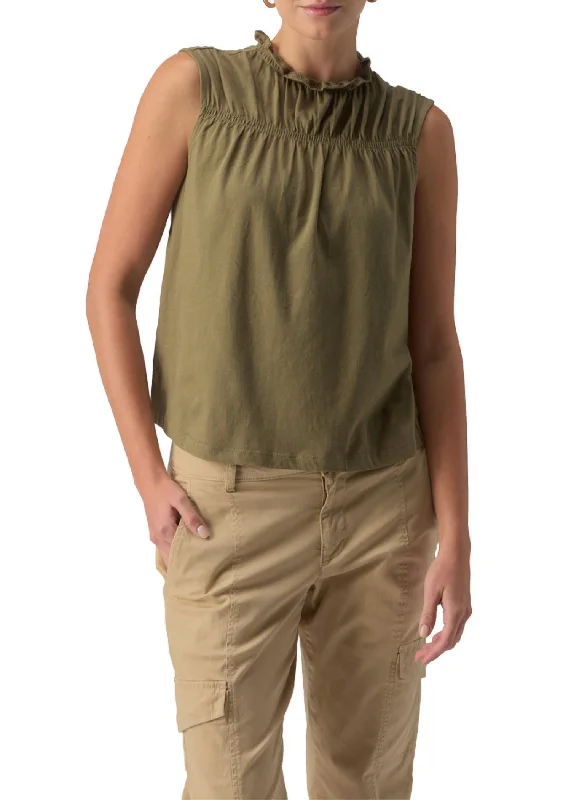 Sleeveless Shirred Top In Burnt Olive