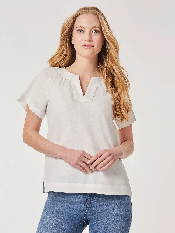 Solid Linen Blend Popover Blouse