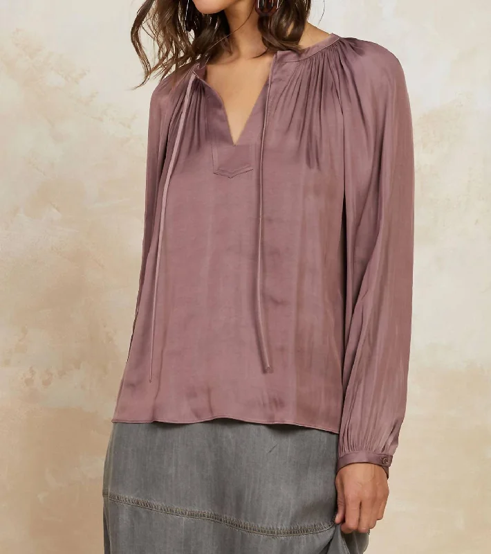 Split Neck Long Sleeve Top In Mauve Brown