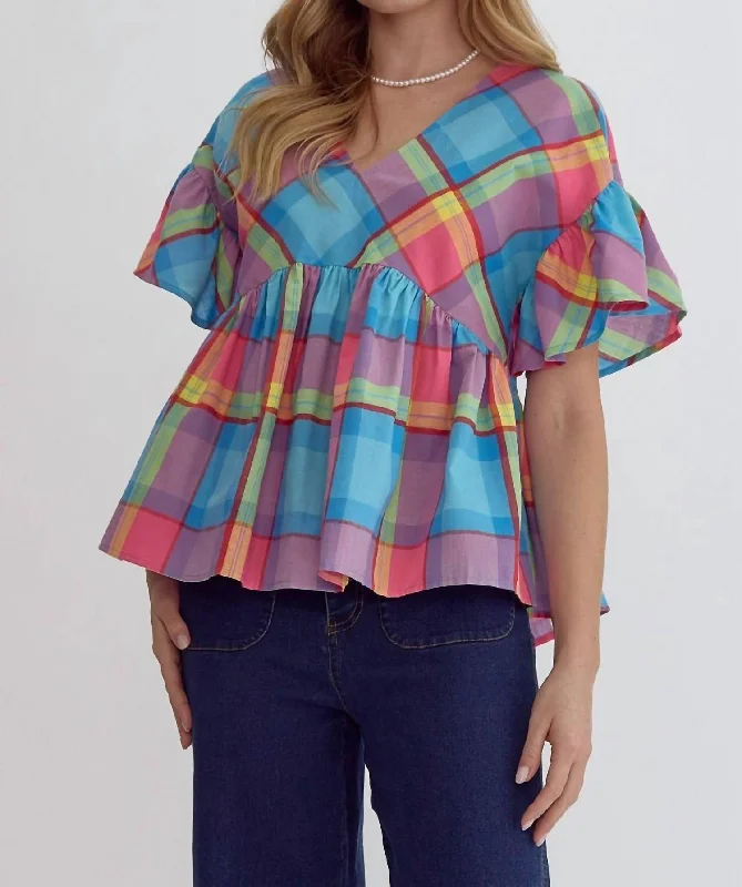 Spring Plaid Babydoll Top In Multicolor