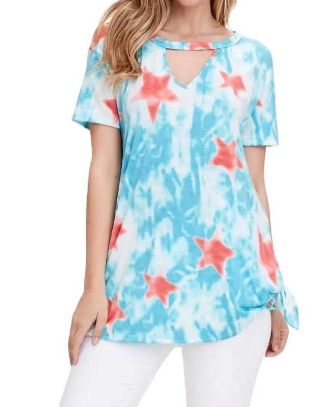 Stars With Keyhold Neck Top In Blue & Red