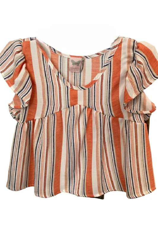 Striped Woven Blouse In White,orange,navy