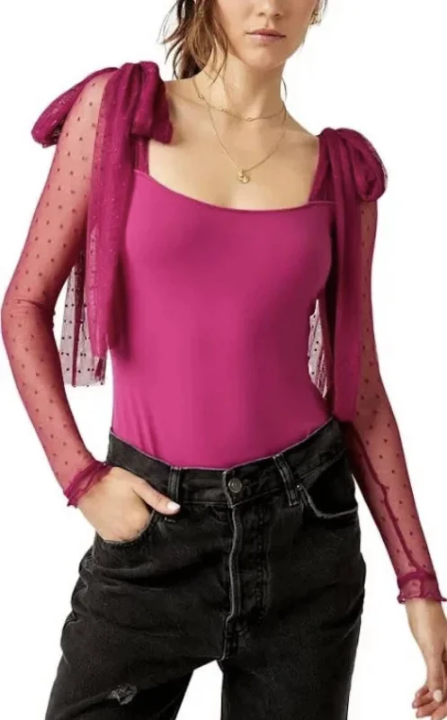 Tonque Tied Sheer Sleeve Bodysuit In Magenta