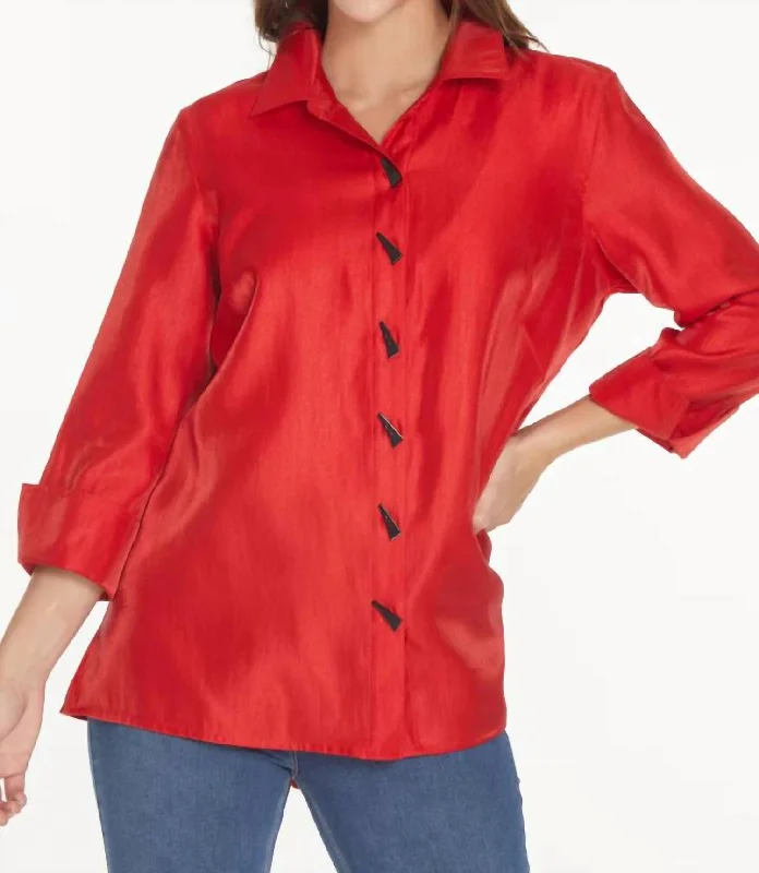 Turn-Up Cuff Button Front High Low Shirt In Ruby Red