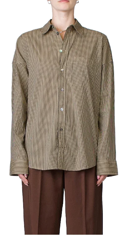 Uniform Button Down Top In Tan/grey Stripe