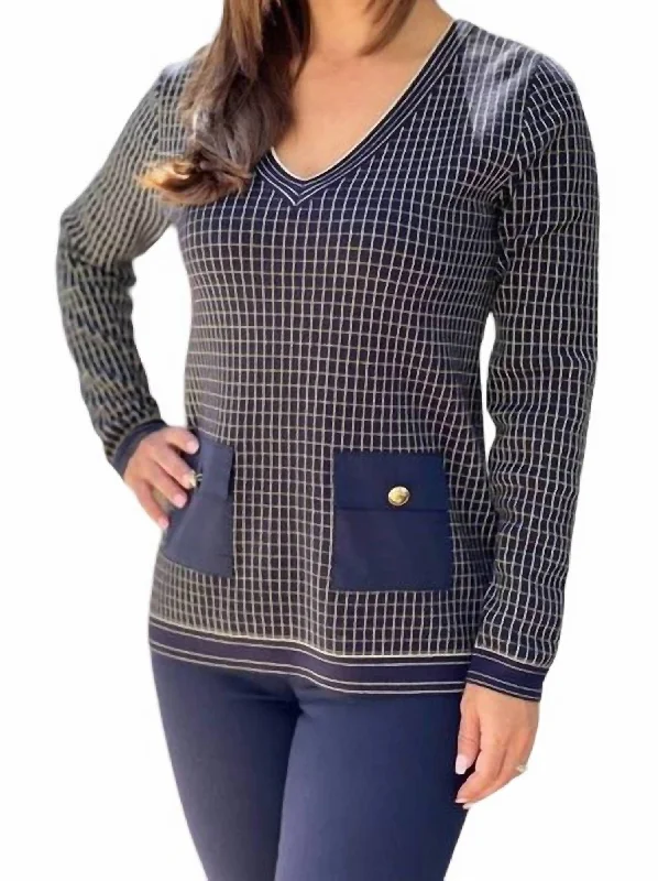 V Neck Box Print Faux Top In Navy Gold