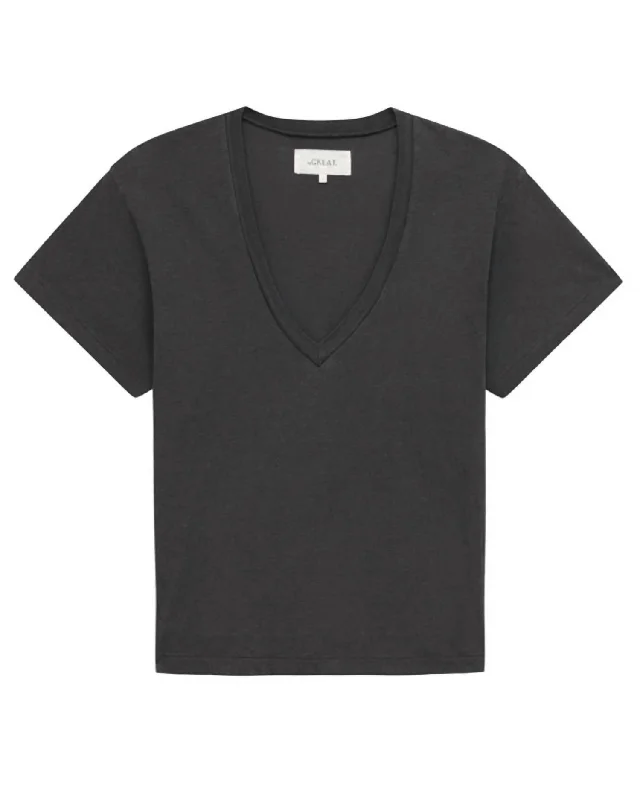 V Neck Tee Top In Washed Black