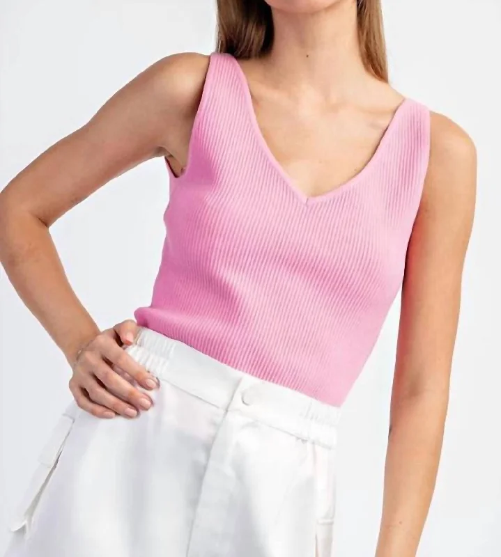 Vivi V-Neck Ribbed Top In Pink