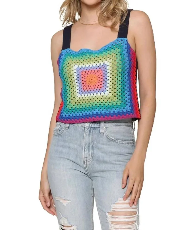 Vivienne Crochet Sweater Tank In Navy Rainbow