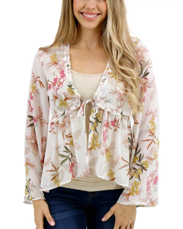 Whimsical Tie Front Blouse In Ivory Floral