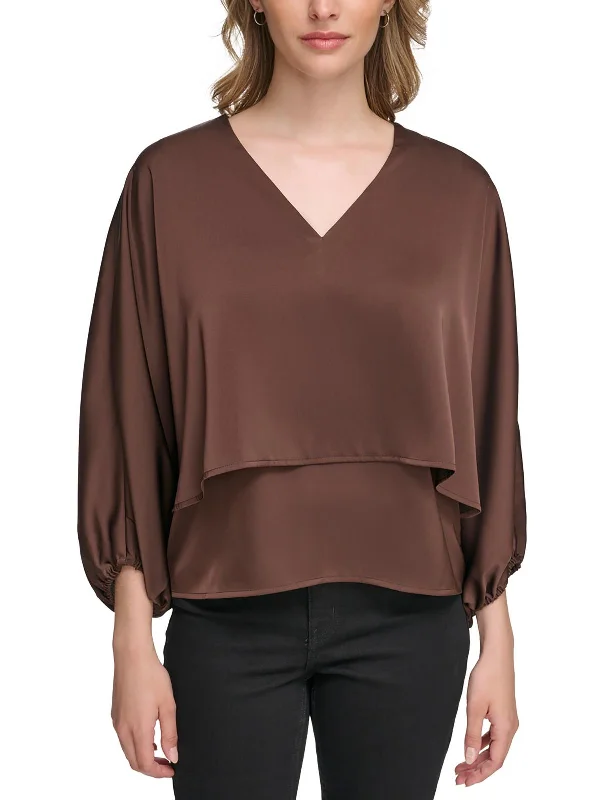 Womens 3/4 Bishop Sleeve V-Neck Blouse