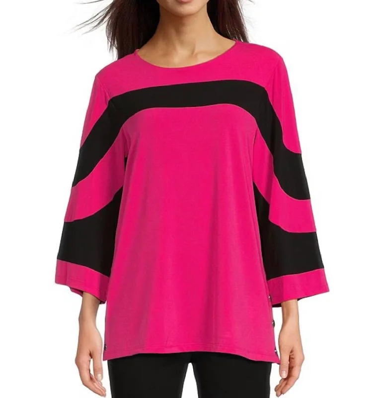 Women's 3/4 Sleeve Scoop Neck Color Block Top In Bright Fuchsia