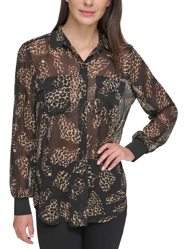 Womens Animal Print Long Sleeve Button-Down Top