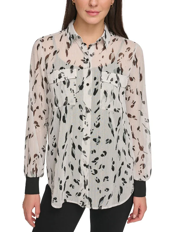 Womens Animal Print Metallic Button-Down Top