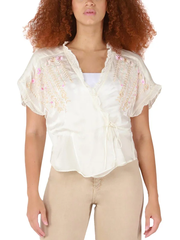 Womens Embroidered Tie-Front Blouse