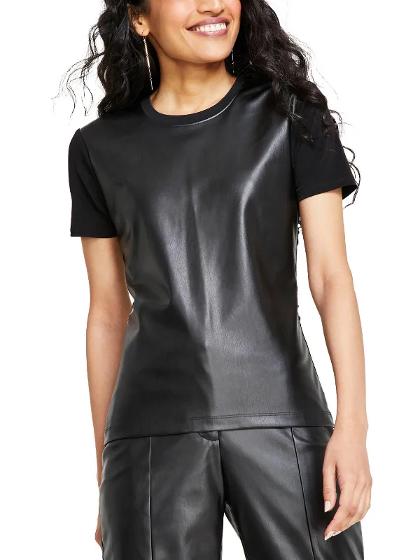 Womens Faux Leather Crewneck Pullover Top