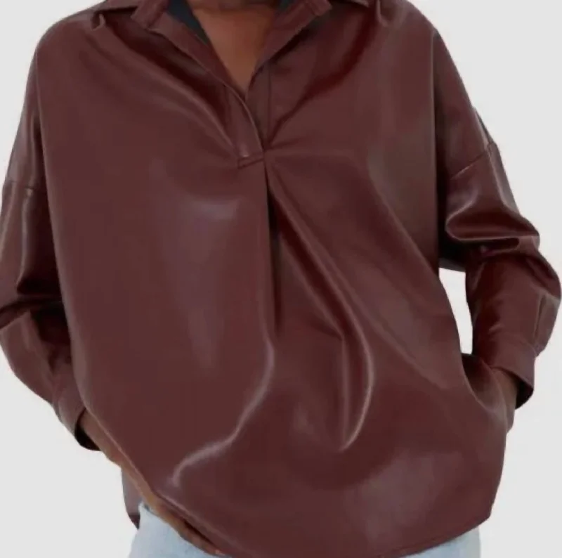 Women's Faux Leather Pop Over Shirt In Brown