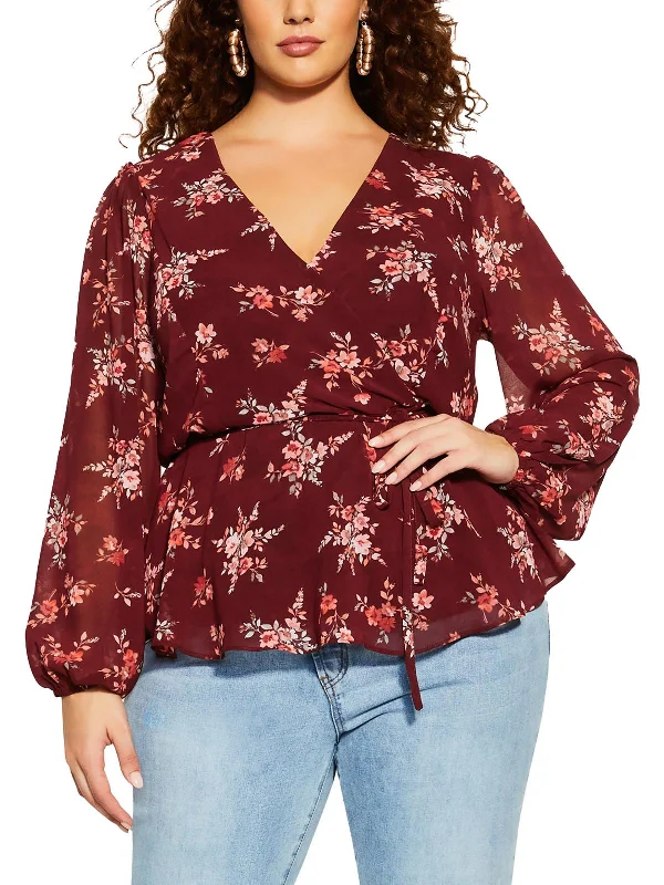 Womens Floral Print Faux-Wrap Wrap Top