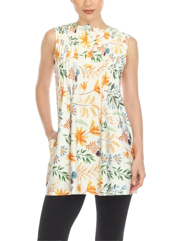 Womens Floral Print Pleated Tunic Top