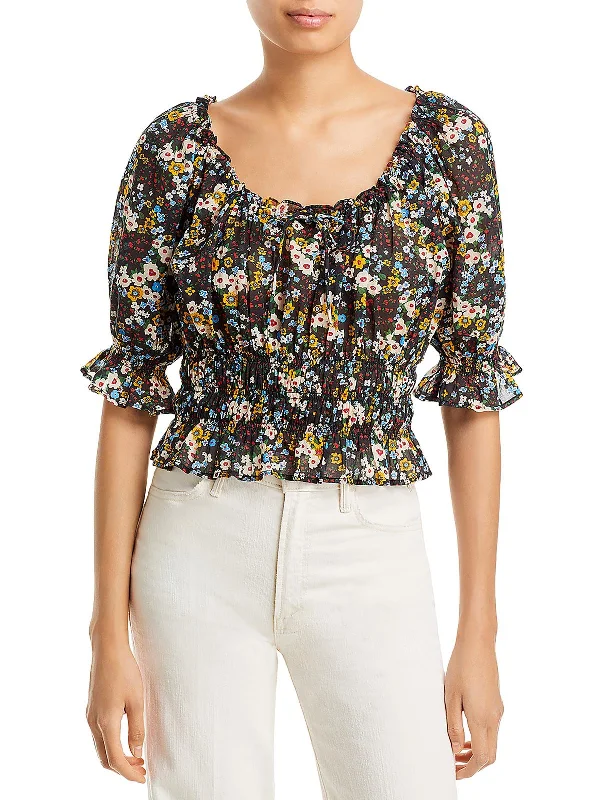 Womens Floral Print Smocked Cropped