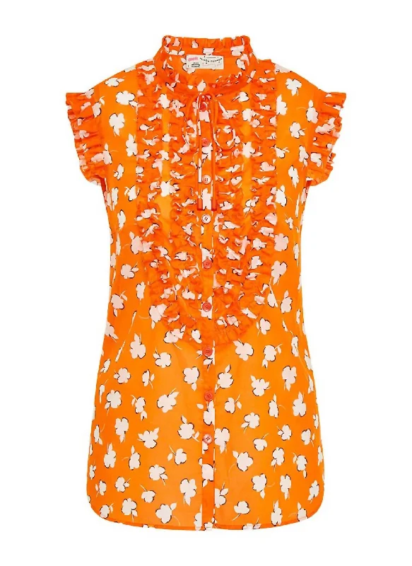 Women's Floral Sleeveless Blouse With Ruffle In Orange