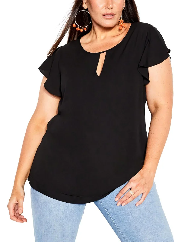 Womens Keyhole Flutter Sleeve Blouse