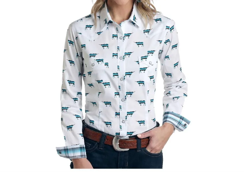 Women's Long Sleeve Steer Print El Toro Western Snap Shirt In White